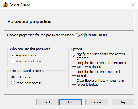 Properties for the password to protect a Linux folder