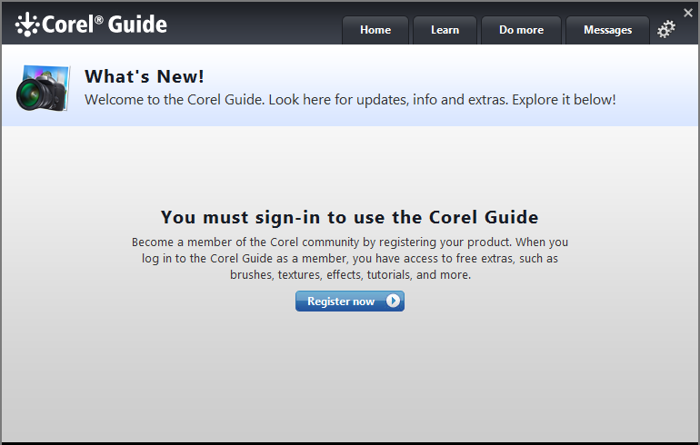 The Corel Guide sign up screen.