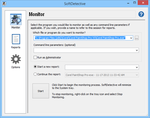 Using SoftDetective to monitor Corel PaintShop activity.