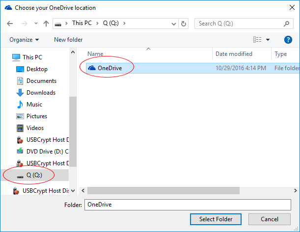 Select the  new location for the OneDrive folder