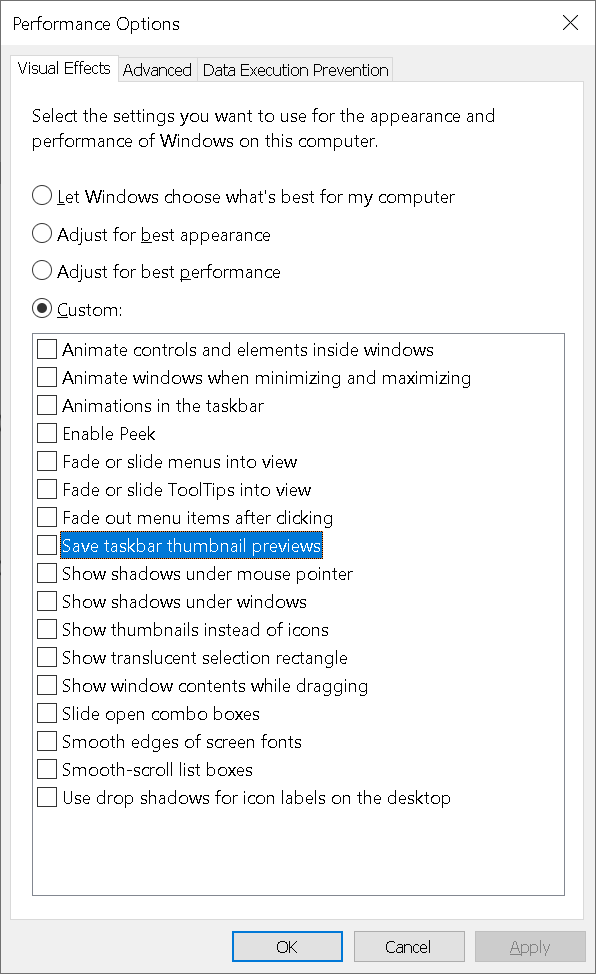 Advanced System Settings - Performance Options