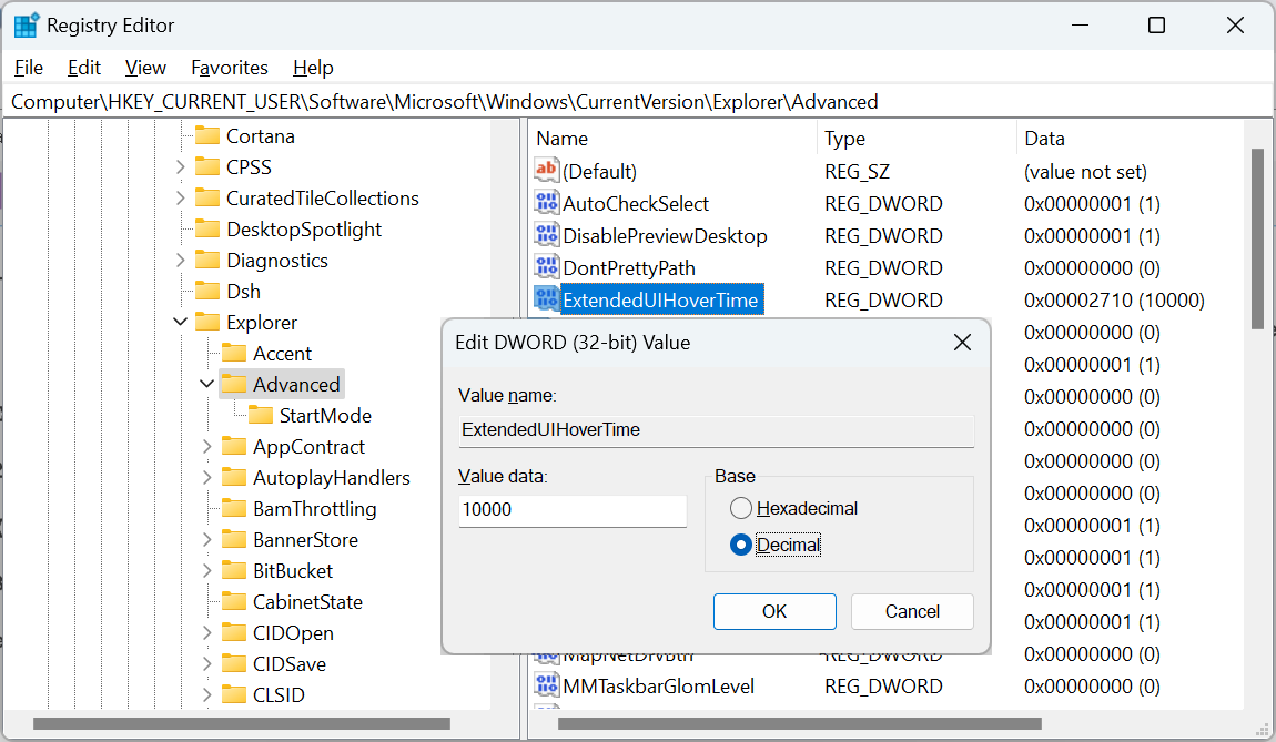Adding ExtendedUIHoverTime to the Registry