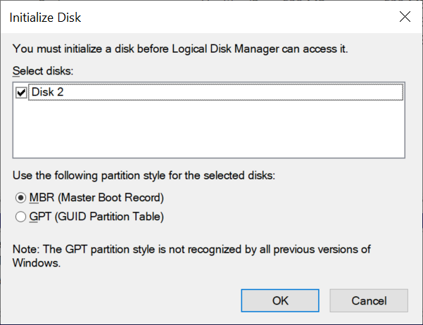 Disk Management prompts you to initialize the disk 