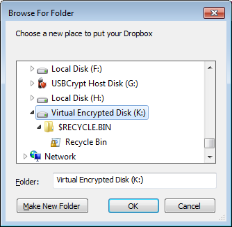 Select the encrypted drive to store the Dropbox folder