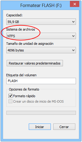Opciones para formatear la unidad externa con el sistema de archivos NTFS