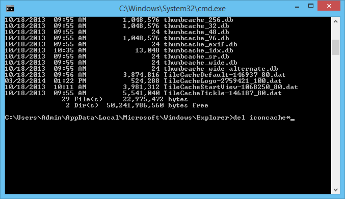 Deleting the icon cache files in Windows 8 using the command prompt window