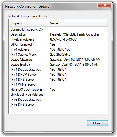 Network Connection Details window