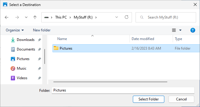 Select the destination location for Pictures folder on the encrypted drive