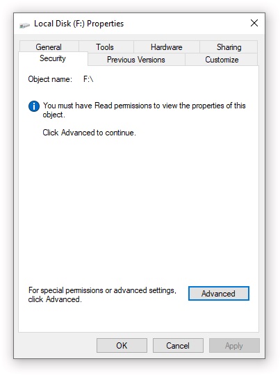 Security settings restricted due to NTFS permissions