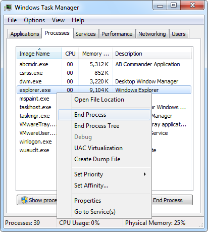 Use Task Manager to end Windows Explorer process