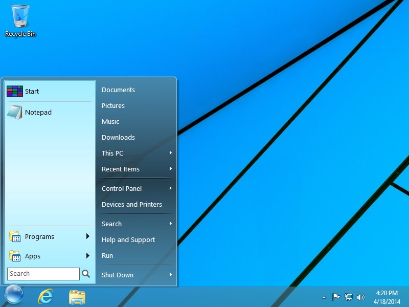 StartFinity Start Menu for Windows 8 displays the frequently used programs on the left. 
