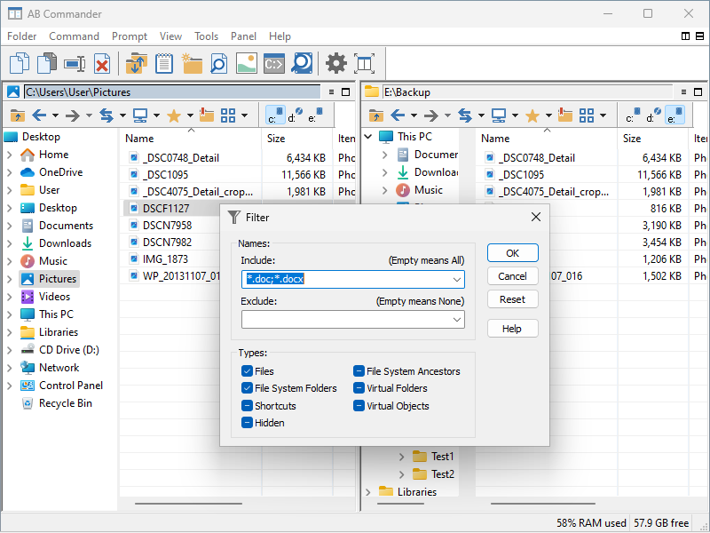 Filter files with AB Commander file manager