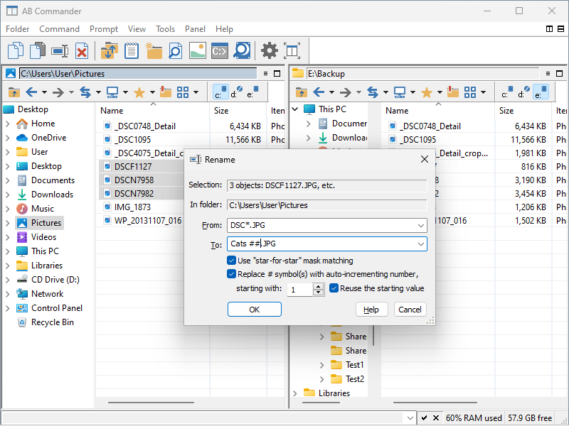 Rename files with AB Commander file manager