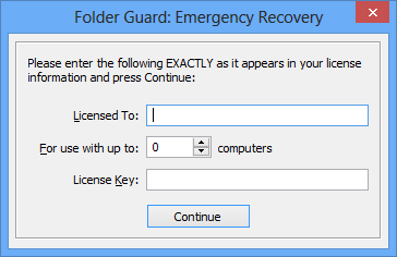 To use the Emergency Recovery Utility you must enter your license information first