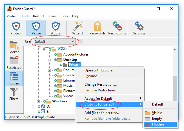 Hiding a folder with Folder Guard is easy