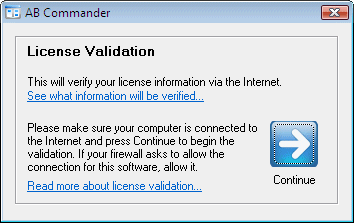 The license validation screen