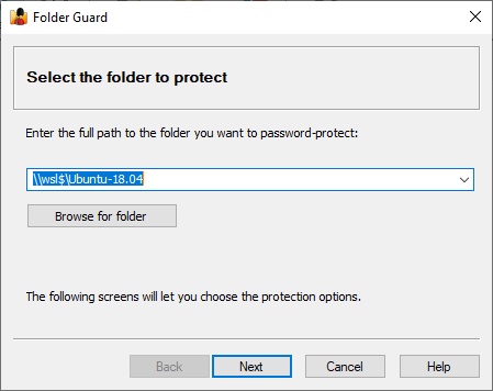 Folder Guard wizard for protecting a Linux folder with a password