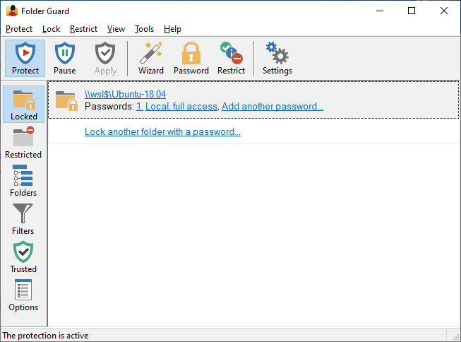 Password protected Linux folder is now listed in Folder Guard application