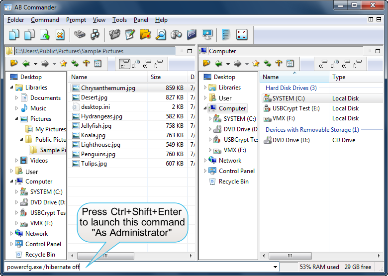 Press Ctrl+Shift+Enter to run a command As Administrator with AB Commander