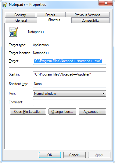 Properties of the shortcut to Notepad++ show the correct path to the external text editor