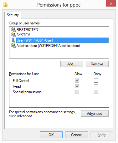 The registry key permissions screen