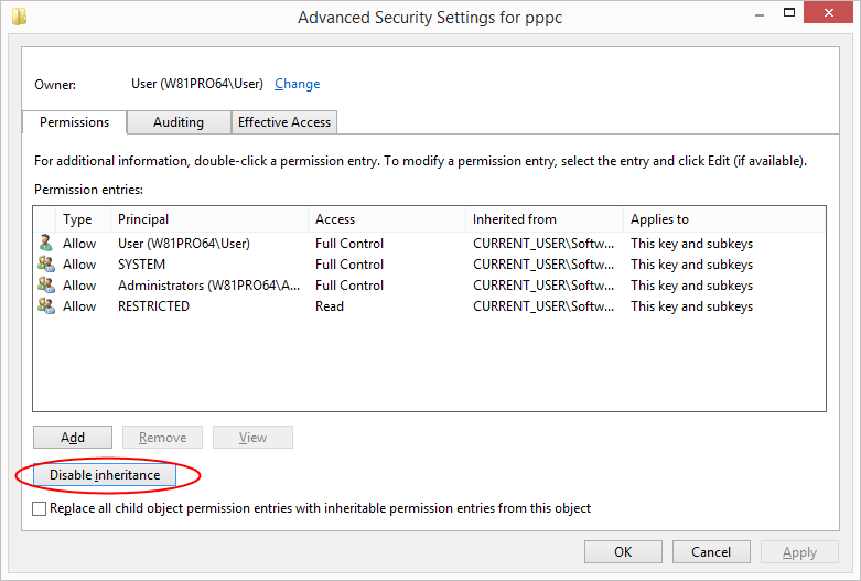 Disabling inheritance of the permissions for the registry key.