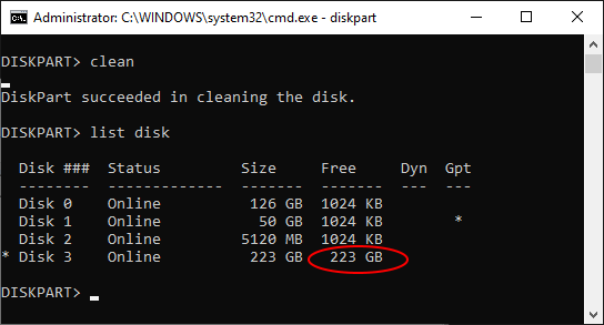 Erasing the disk with the DISKPART clean command