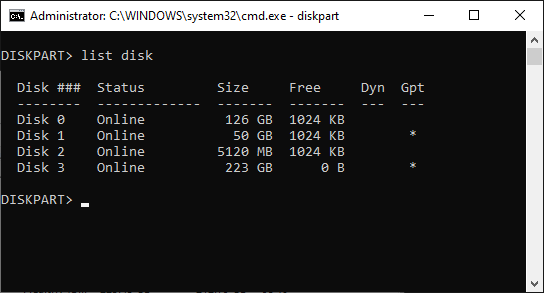 Listing the disks with the DISKPART command