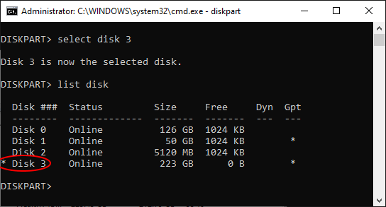 Selecting the disk with the DISKPART command