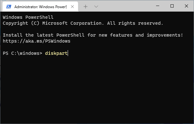 Starting the DISKPART command from the command prompt or Windows Terminal