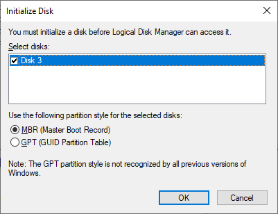 Initializing the clean disk with the Disk Management tool