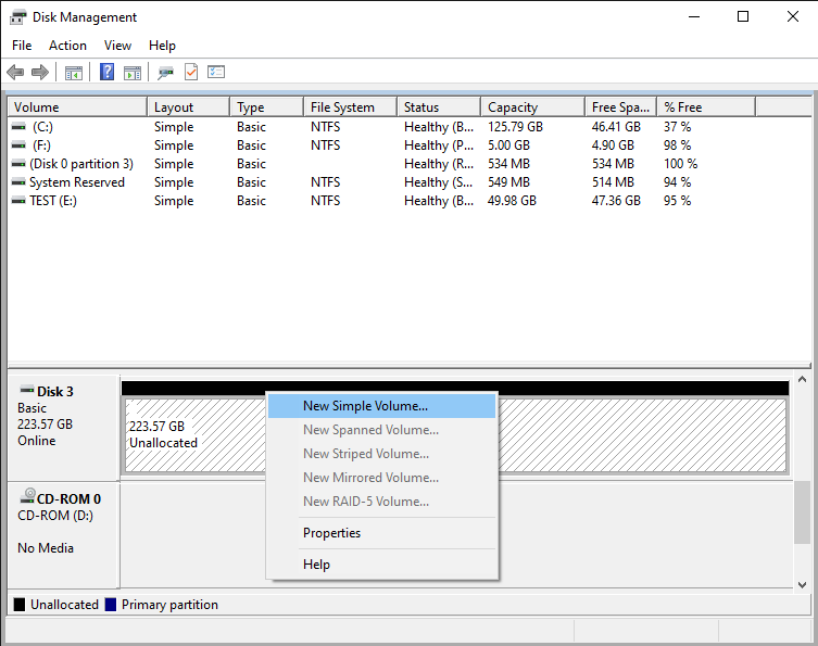 Working with the clean disk with the Disk Management tool