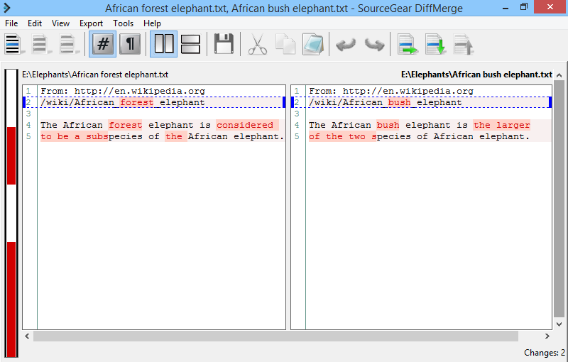 The differences between two files displayed by DiffMerge.