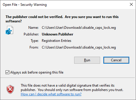 Windows warning about reg file