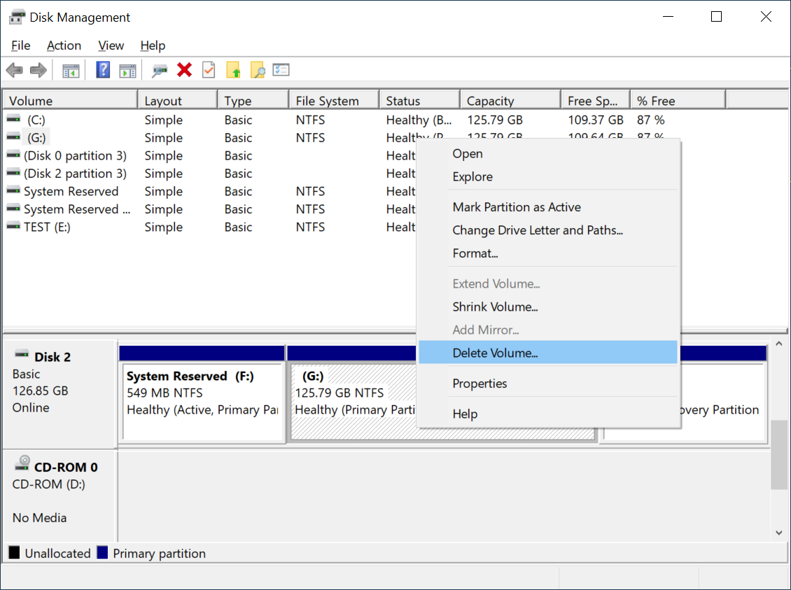 Use Disk Management right-click menu to delete partitions