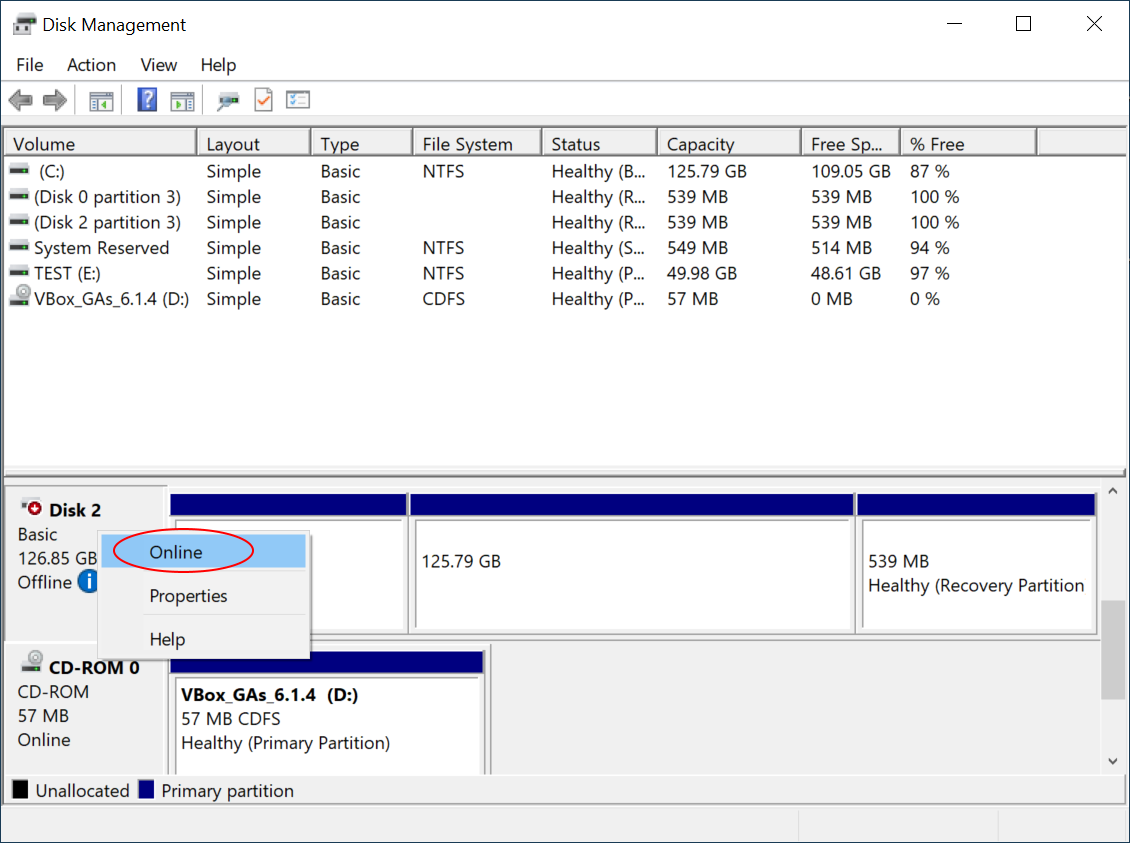 Make Windows recognize the cloned disk by marking it Online using the right-click menu