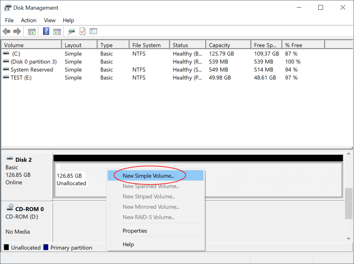 Using Disk Management to create  new volume and format it