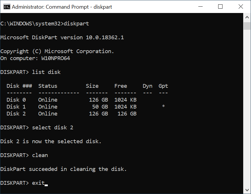 Using command prompt and DISKPART to erase a disk and delete EFI system partition