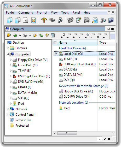 The default display of the drive names used by AB Commander and Windows Explorer