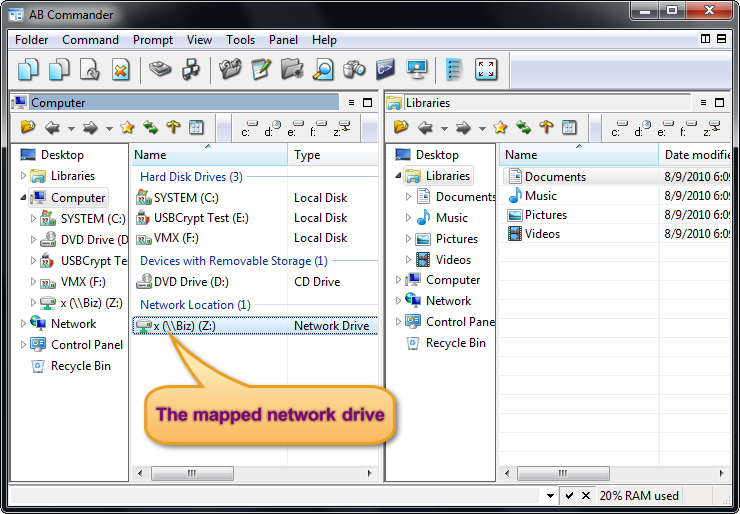 AB Commander shows a network drive in the Computer folder