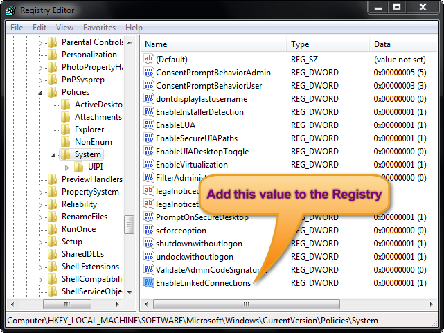 The value EnableLinkedConnections in the registry