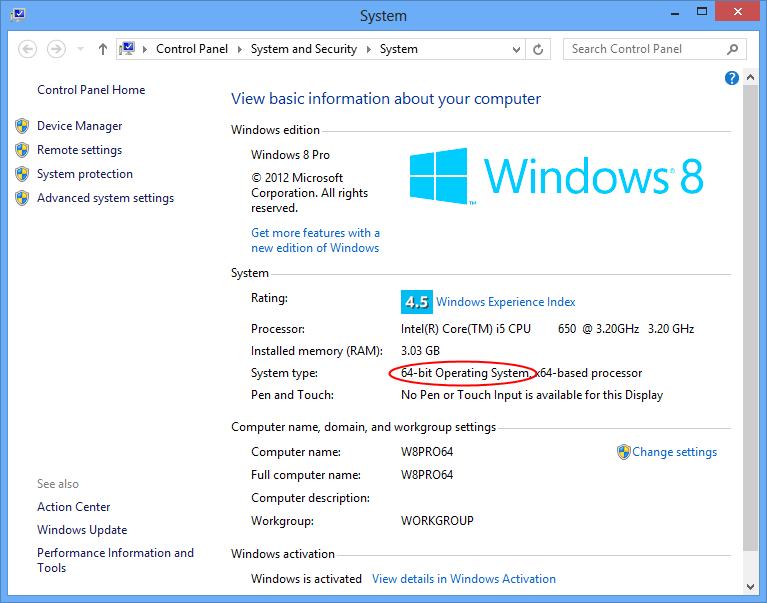 The System Properties window on a Windows 8 computer.