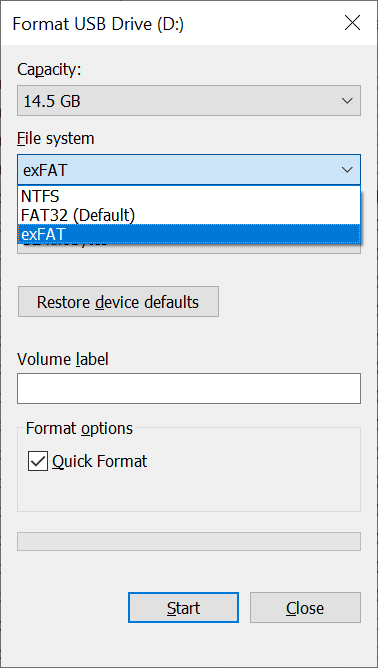 Changing the file system of a USB drive by formatting it