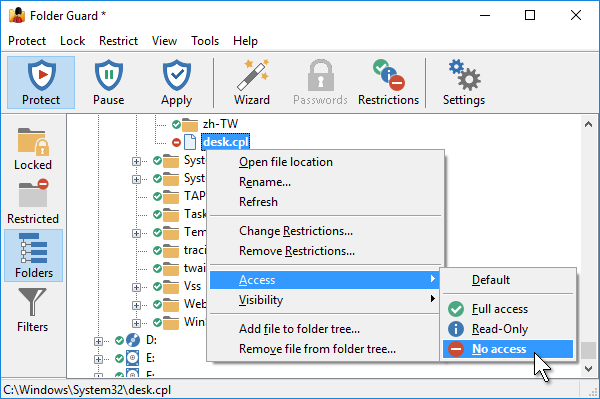 Assign the No Access attribute to a CPL file to restrict that Control Panel command