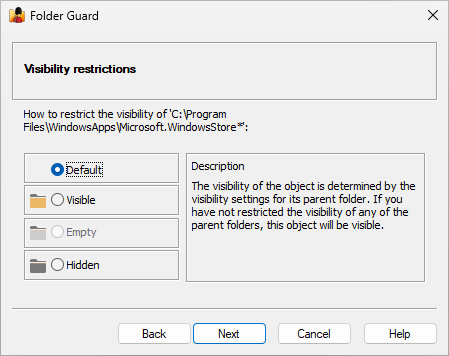 Select default visibility for Microsoft Store path