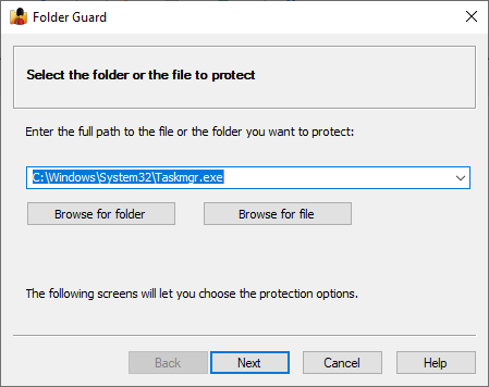 Select Taskmgr.exe as the file to restrict access to