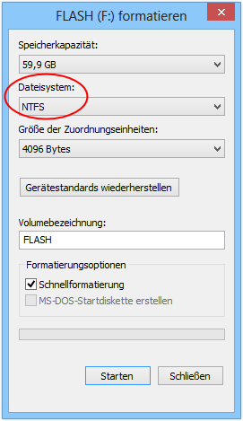 Optionen zum Formatieren des externen Laufwerks mit dem NTFS-Dateisystem