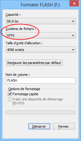 Options de formatage du lecteur externe avec le système de fichiers NTFS