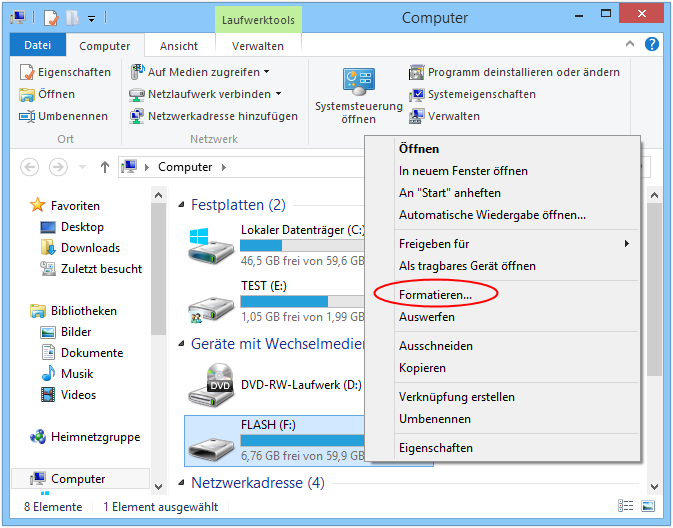 Wählen Sie Formatieren aus dem Kontextmenü, nachdem Sie mit der rechten Maustaste auf das externe Laufwerk geklickt haben.