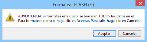 Windows le advierte sobre el borrado de los archivos existentes durante el formateo de la unidad